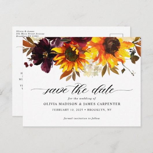 Carte Postale Faire-part Rustique automne tournesol floral mariage Enregist (Devant / Derrière)