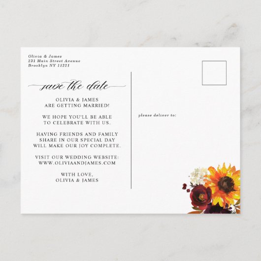 Carte Postale Faire-part Rustique automne tournesol floral mariage Enregist (Dos)