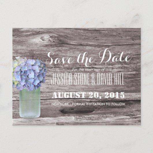 Carte Postale Faire-part Rustique Blue Hydrangea Mason Jar Bois Enregistrer (Devant)