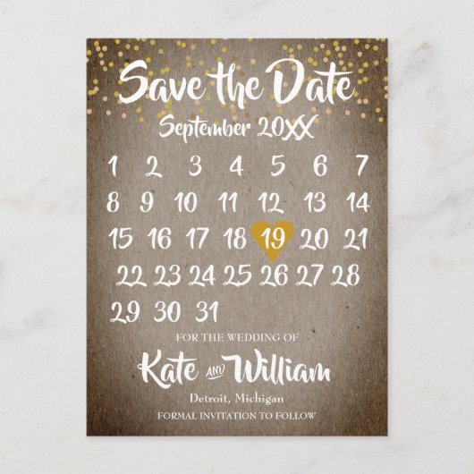 Carte Postale Faire-part Rustique Boho Gold Love Heart Calendrier Enregistr (Devant)