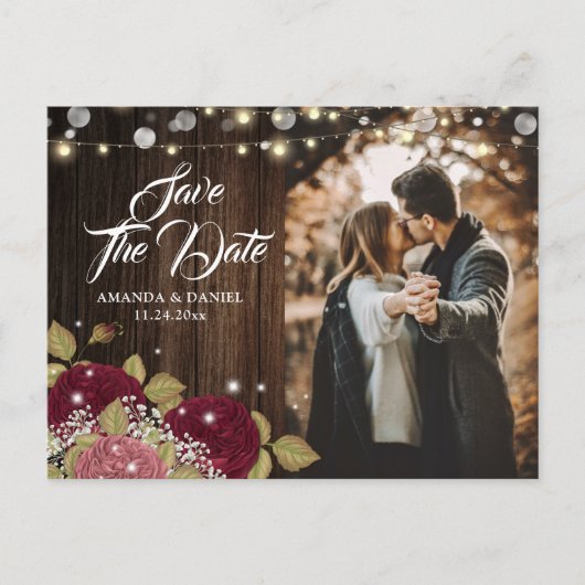 Carte Postale Faire-part Rustique Bourgogne Blush Mariage Photo Enregistrer (Devant)