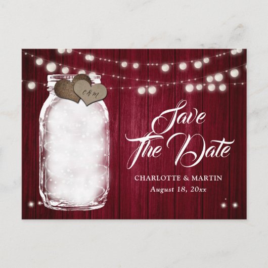 Carte Postale Faire-part Rustique Bourgogne Mason Jar Mariage Enregistrer L (Devant)