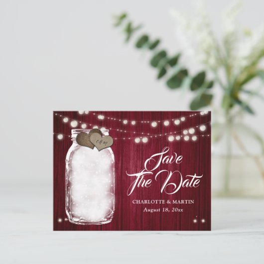 Carte Postale Faire-part Rustique Bourgogne Mason Jar Mariage Enregistrer L (Debout devant)