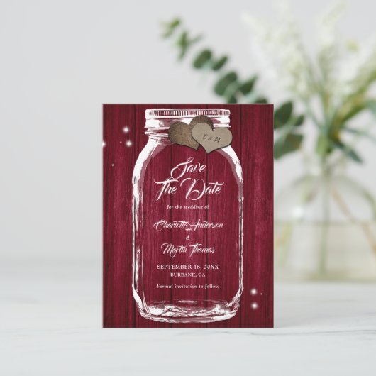Carte Postale Faire-part Rustique Bourgogne Mason Jar Mariage Enregistrer L (Debout devant)