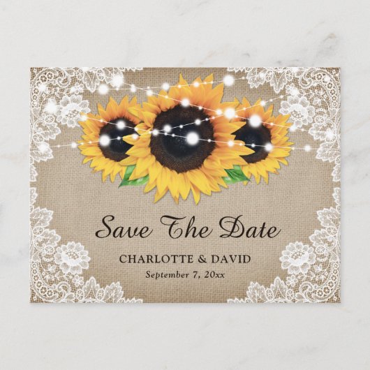 Carte Postale Faire-part Rustique Burlap Dentelle Tournesol Mariage Enregis (Devant)