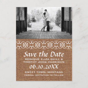 Carte Postale Faire-part Rustique Calligraphic Faux Burlap Enregistrer la d