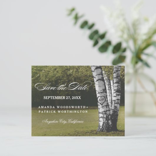 Carte Postale Faire-part Rustique Carved Birch Tree Pays Enregistrer La Dat (Debout devant)