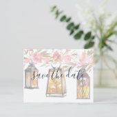 Carte Postale Faire-part Rustique Chic Lanterne Rose or Floral Enregistrer (Debout devant)