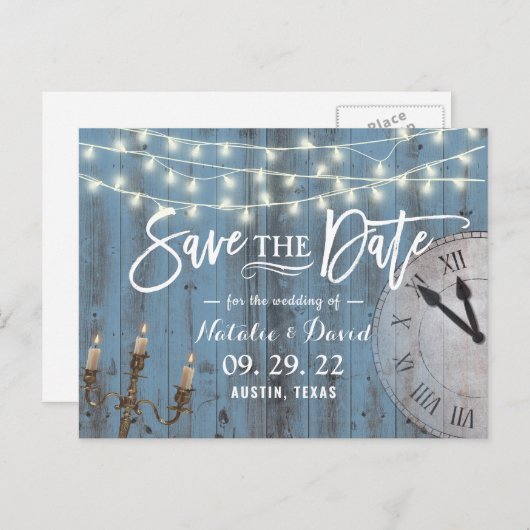 Carte Postale Faire-part Rustique Dusty Bleu Grange Bois Fairytale Mariage (Devant / Derrière)