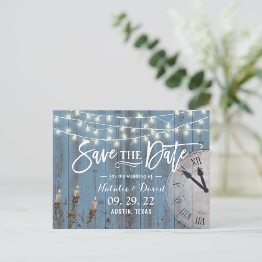 Carte Postale Faire-part Rustique Dusty Bleu Grange Bois Fairytale Mariage (Debout devant)