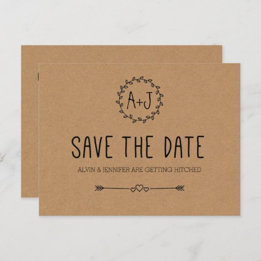 Carte Postale Faire-part Rustique Enregistrer la date / papier Kraft Enregi (Devant / Derrière)