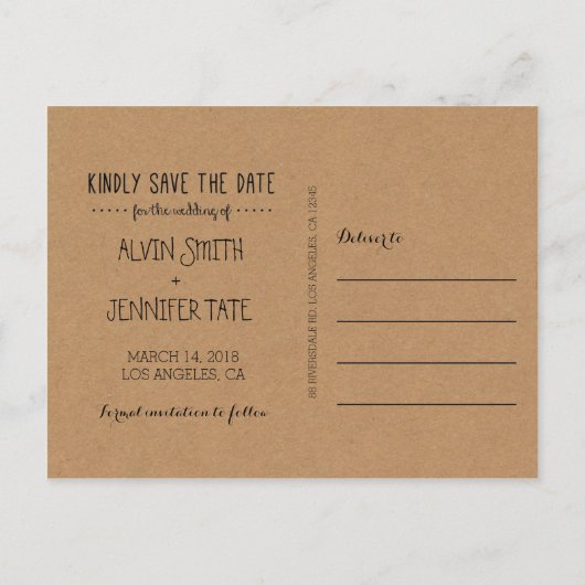 Carte Postale Faire-part Rustique Enregistrer la date / papier Kraft Enregi (Dos)