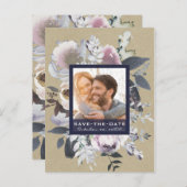 Carte Postale Faire-part Rustique Floral Glam Navy Kraft Photo Enregistrer (Devant / Derrière)