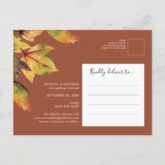 Carte Postale Faire-part Rustique Jaune Autumn Foliage Mariage Enregistrer  (Dos)