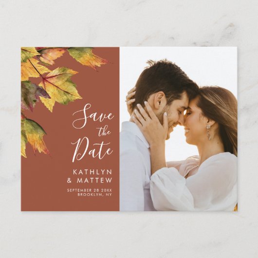 Carte Postale Faire-part Rustique Jaune Autumn Foliage Mariage Enregistrer  (Devant)