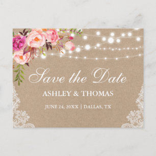 Carte Postale Faire-part Rustique Kraft dentelle rose florale Enregistrer l