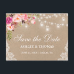 Carte Postale Faire-part Rustique Kraft Jar Lights rose Floral Enregistrer<br><div class="desc">Robe Rustique Kraft Lights Mason Jars Lace Aquarelle rose Blush Floral Enregistrer la date Carte postale - Imprimé Retour</div>