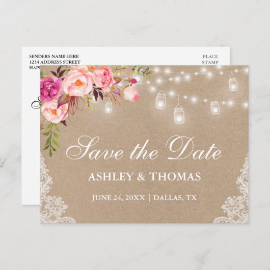 Carte Postale Faire-part Rustique Kraft Jar Lights rose Floral Enregistrer (Devant / Derrière)