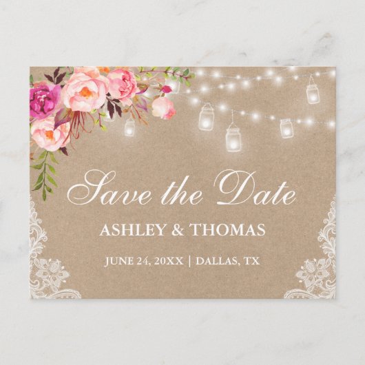 Carte Postale Faire-part Rustique Kraft Jar Lights rose Floral Enregistrer (Devant)
