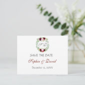 Carte Postale Faire-part Rustique Marsala Floral Wreath ENREGISTRER LA DATE (Debout devant)