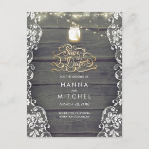 Carte Postale Faire-part Rustique Mason Jar Lights Wood Lace Enregistrer la