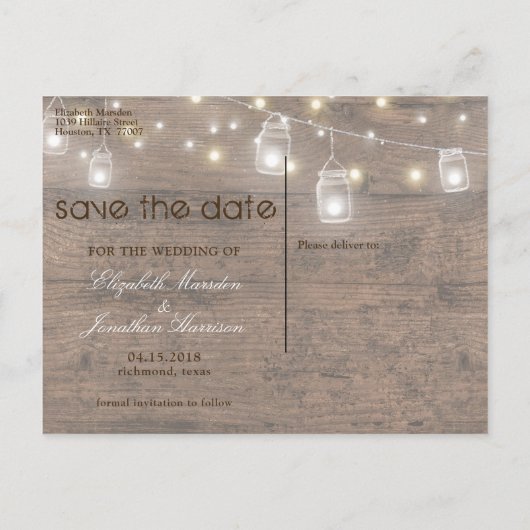 Carte Postale Faire-part Rustique Mason Jar String lumières Photo ZZ (Dos)