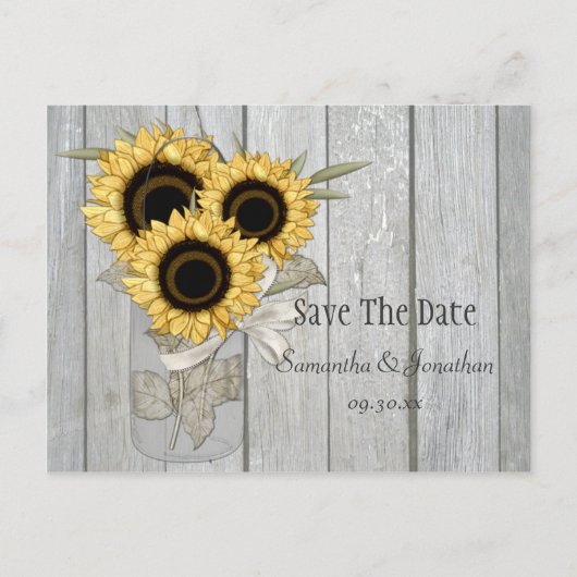 Carte Postale Faire-part Rustique Mason Jar Tournesols Jaunes Enregistrer L (Devant)