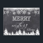 Carte Postale Faire-part "Rustique Merry Tout Chalkboard Typographie<br><div class="desc">Design élégant,  avec une élégante typographie moderne "Joyeux Tout",  sur un arrière - plan en damier avec des flocons de neige et des arbres. Utilisez l'outil Personnaliser pour ajouter vos informations,  message. D'autres idées dans ma collection de photos de Noël.</div>