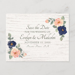 Carte Postale Faire-part Rustique Pays Marine Bleu, Pêcher Floral Mariage S