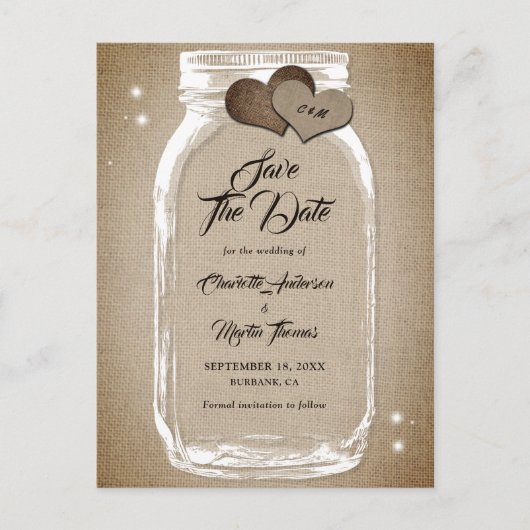 Carte Postale Faire-part Rustique Pays Mason Jar Mariage Enregistrer La Dat (Devant)