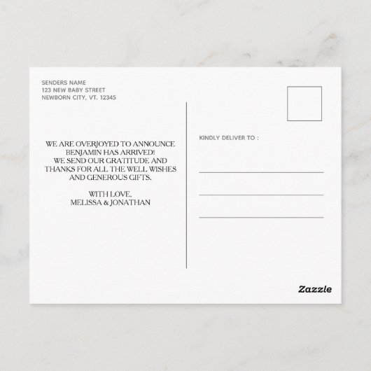 Carte Postale Faire-part rustique personnalisé de naissance avec (Dos)