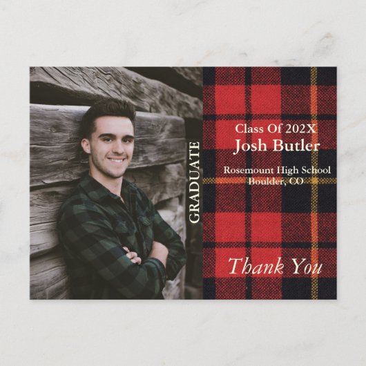 Carte Postale Faire-part Rustique Plaid Graduation & Merci (Devant)