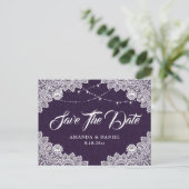 Carte Postale Faire-part Rustique Purple Burlap Dentelle Mariage Enregistre (Debout devant)