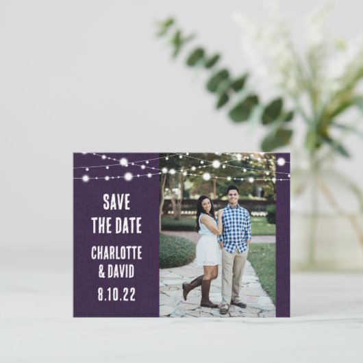 Carte Postale Faire-part Rustique Purple Burlap Mariage Enregistrer La Date (Debout devant)