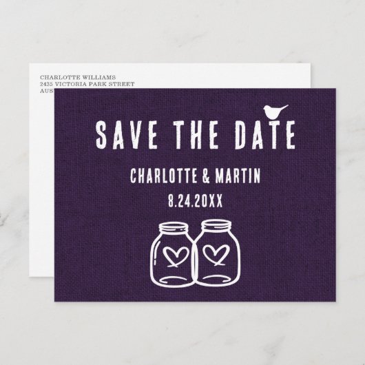 Carte Postale Faire-part Rustique Purple Burlap Mariage Enregistrer La Date (Devant / Derrière)