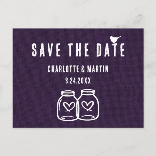 Carte Postale Faire-part Rustique Purple Burlap Mariage Enregistrer La Date (Devant)