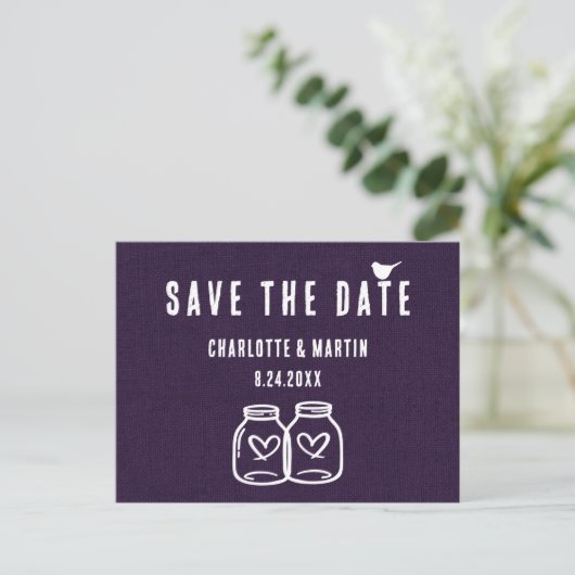 Carte Postale Faire-part Rustique Purple Burlap Mariage Enregistrer La Date (Debout devant)