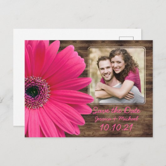 Carte Postale Faire-part Rustique rose marguerite bois photo mariage Enregi (Devant / Derrière)