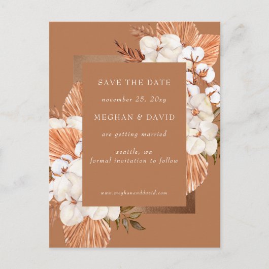 Carte Postale Faire-part Rustique Terracotta Boho Pampas Orchidées Mariage (Devant)