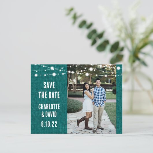 Carte Postale Faire-part Rustique Turquoise Burlap Mariage Enregistrer La D (Debout devant)