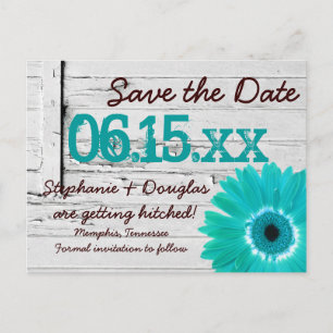 Carte Postale Faire-part Rustique Turquoise Daisy Wood Enregistrer La Date