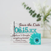 Carte Postale Faire-part Rustique Turquoise Daisy Wood Enregistrer La Date  (Debout devant)