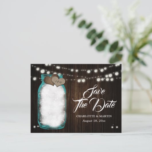 Carte Postale Faire-part Rustique Turquoise Mason Jar Mariage Enregistrer L (Debout devant)
