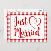 Carte Postale Faire-part Rustique Vient de se Marier Rouge Gingham à Carrea (Devant / Derrière)