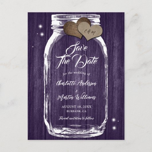 Carte Postale Faire-part Rustique Violet Mason Jar Bois Mariage Enregistrer (Devant)