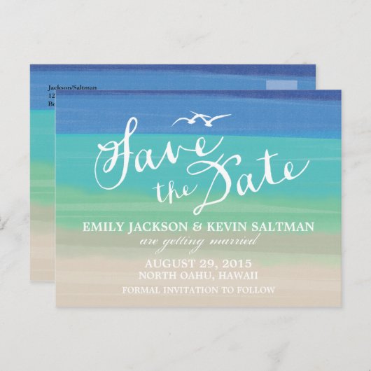 Carte Postale Faire-part Sable, Mer & Mouettes | Sauvegarder la Date de Mar (Devant / Derrière)