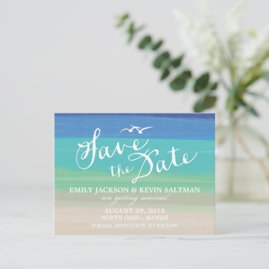 Carte Postale Faire-part Sable, Mer & Mouettes | Sauvegarder la Date de Mar (Debout devant)