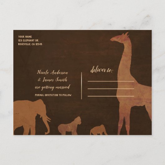 Carte Postale Faire-part Safari Brown Jungle Zoo Animaux Enregistrer la dat (Dos)