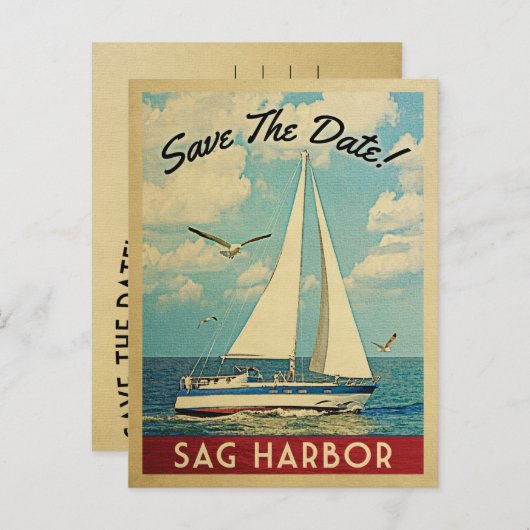 Carte Postale Faire-part Sag Harbour Enregistrer La Date Voilier Nautique (Devant / Derrière)