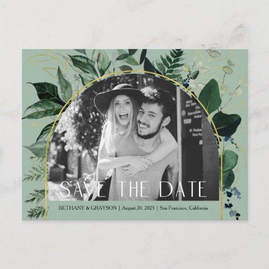 Carte Postale Faire-part Sage Green, code QR Photo botanique enregistrer la (Devant)
